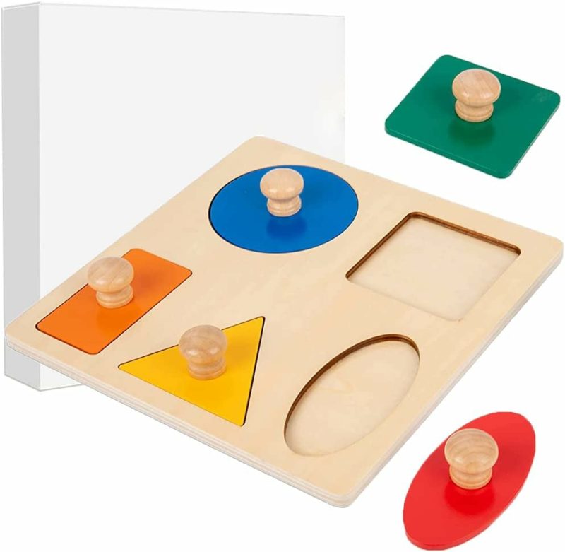 Giocattoli da ordinare e impilare | Montessori Multi Forma Gioco Educativo in Legno Puzzle per Bambini e Bambine Primi Passi Gigante Base (5 Forme Geometriche)