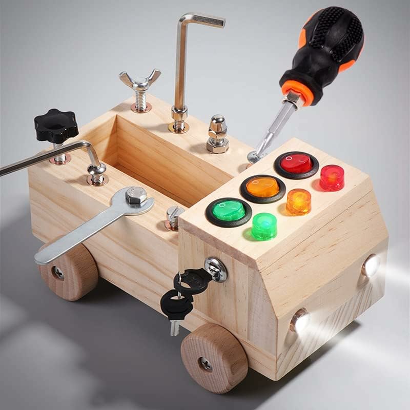 Giocattoli da ordinare e impilare | Set di Viti Montessori per Auto, Luce a LED per Pannello Occupato di Auto, Gioco Montessori per Bambini, Set di Attrezzi in Legno per Camioncini, Attività per Sviluppo della Mano Finissima e Giocattoli Educativi Sensoriali per Bambini