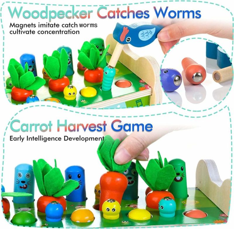 Hammering & Pounding Toys | 6 Giocattoli Montessori in Legno per 1 Anno: Whack-A-Mole con Martello, Xilofono, Piccione, Gioco della Carota da Raccogliere. Regalo Educativo per Bambini da 1 a 4 Anni