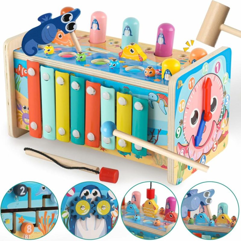 Hammering & Pounding Toys | 7 in 1 Giocattolo di Picchiato Pounding in Legno Giocattoli Montessori per Bambini di 3 Anni Sensory Toys con Xilofono e Gioco di Pesca per Bambini 1-3 Giocattoli Educativi di Apprendimento per Attività di Bambini Regalo