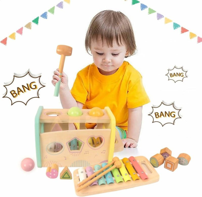 Hammering & Pounding Toys | Giocattolo educativo in legno a forma di xilofono, sortitore di forme, regalo di compleanno per bambini di 1, 2, 3 anni, maschi e femmine, neonati, bimbi, sviluppo Montessori, gioco didattico (Giallo)