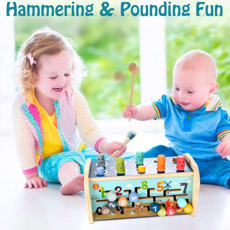 Hammering & Pounding Toys | Mazzo di Picconate in Legno per Bambini da 12+ Mesi – Giocattoli Montessori per Bambini da 1+ Anno – Giocattolo di Sviluppo Precoce con Panca da Picconare, Xilofono, Labirinto di Ordinamento Numerico – Regali per Bambini da 1 a 2 Anni