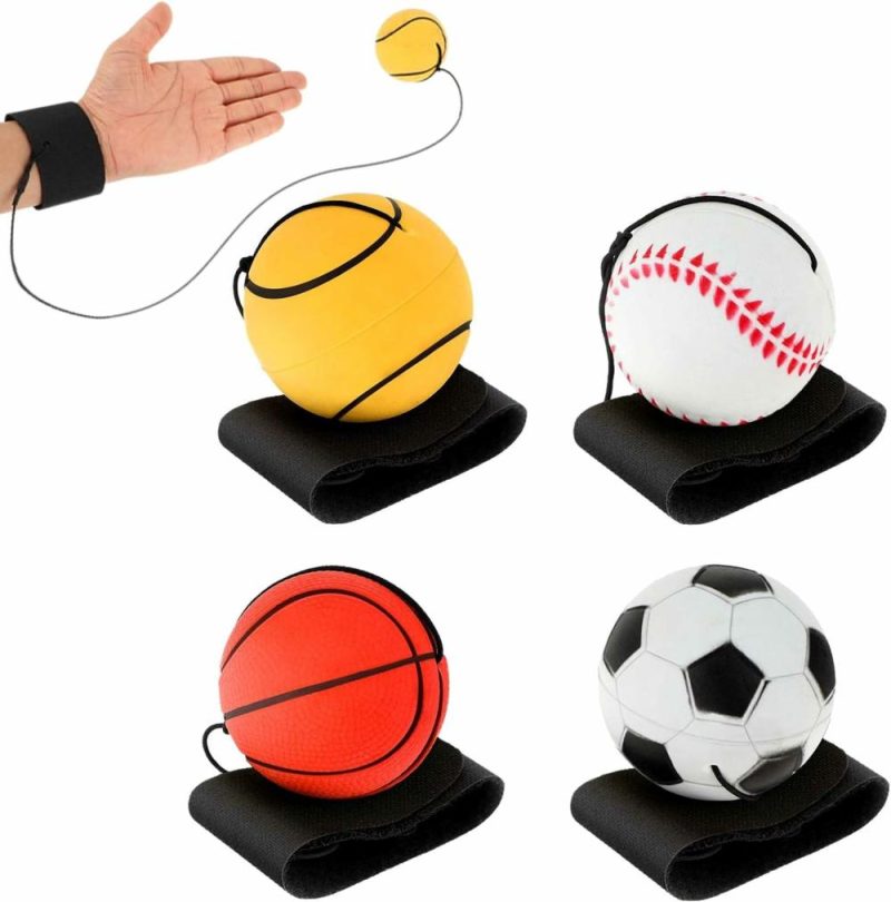 Palle | 4 Pezzi Pallina di Ritorno al Polso 2 Pollici Pallina di Gomma Rebound Bracciale Sportivo Pallina di Polso con Cavo Include Pallacanestro, Baseball e Calcio per Adolescenti e Adulti Esercizio o Gioco al Polso