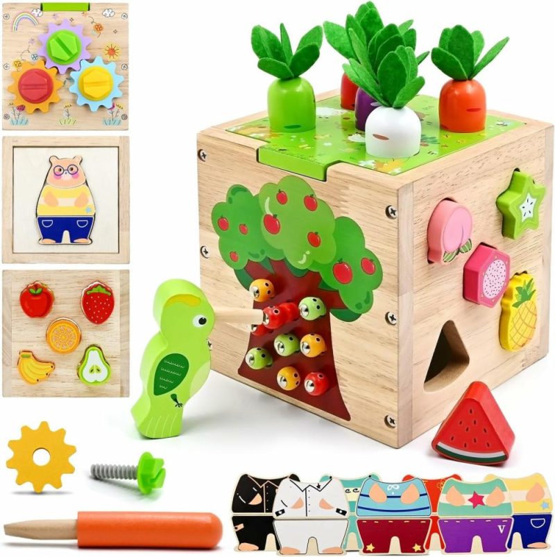 Pezzi Attivi | Baby Cubo Attivo in Legno Centrale Giochi per Bambini di 1 2 3 4 Anni Bambini Bambine Regali di Compleanno 5 in 1 Giochi Educativi Montessori Sensibili per Bambini da 12 a 18 a 24 Mesi Sviluppo delle Competenze Motorie Fini