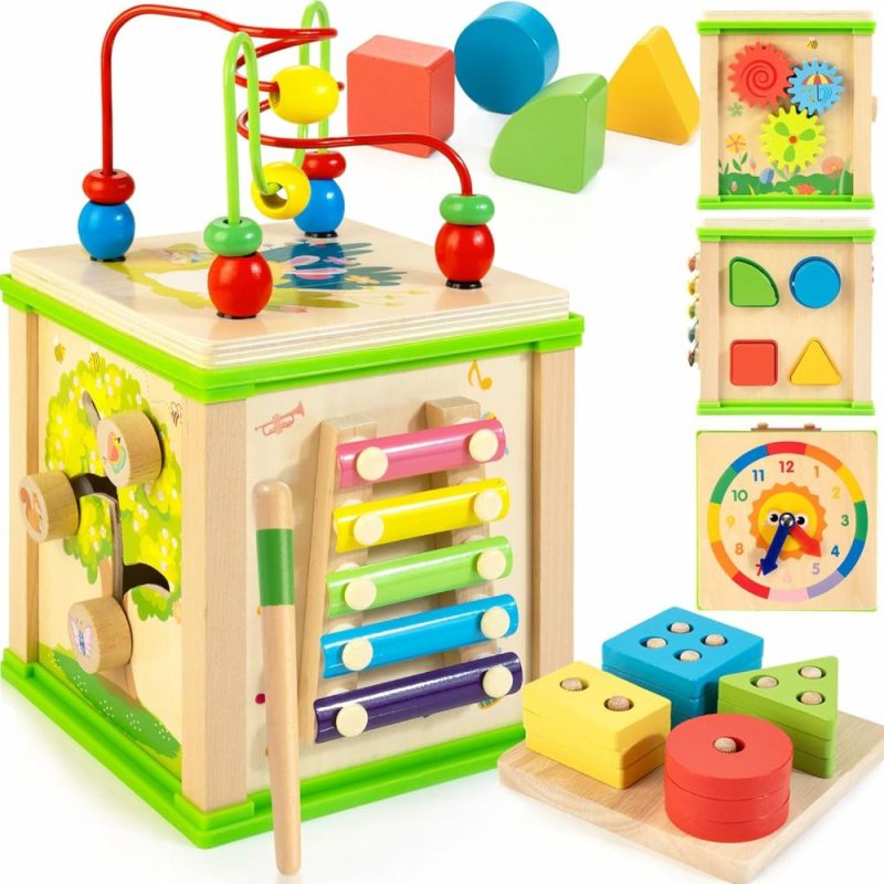 Pezzi Attivi | Cubo Attività 7-in-1 in Legno | Giocattoli Montessori per Bambini di 1 2 3 Anni | Giocattoli Educativi per Bambini | Regali di Primo Compleanno per Bambini Maschi e Femmine | Bonus Tavoletta di Ordinamento e Pila