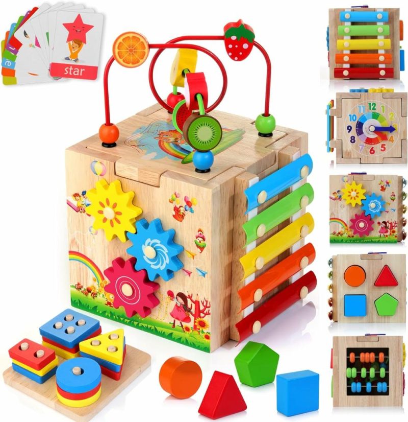 Pezzi Attivi | Cubo Attività in Legno 8-in-1 Giochi Montessori per Bambini e Bambine di 1+ Anni  Giochi Educativi di Apprendimento per Bambini da 1 a 2 Anni  Regalo di Primo Compleanno | Bonus Tavola di Classificazione e Pianifica e Carte delle Parole