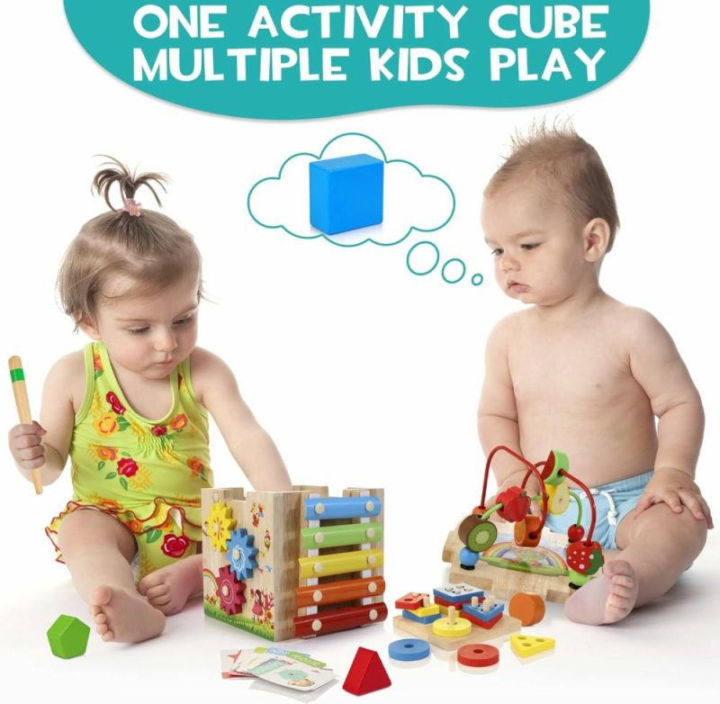 Pezzi Attivi | Cubo Attività in Legno 8-in-1 Giochi Montessori per Bambini e Bambine di 1+ Anni  Giochi Educativi di Apprendimento per Bambini da 1 a 2 Anni  Regalo di Primo Compleanno | Bonus Tavola di Classificazione e Pianifica e Carte delle Parole