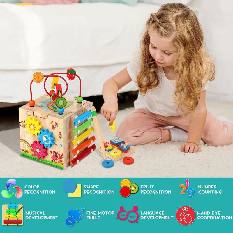 Pezzi Attivi | Cubo Attività in Legno 8-in-1 Giochi Montessori per Bambini e Bambine di 1+ Anni  Giochi Educativi di Apprendimento per Bambini da 1 a 2 Anni  Regalo di Primo Compleanno | Bonus Tavola di Classificazione e Pianifica e Carte delle Parole