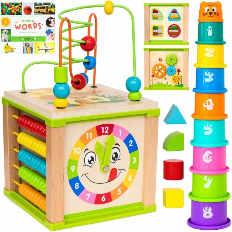 Pezzi Attivi | Cubo Attività in Legno  Giocattoli Montessori  Giocattolo Educativo Sensibile Multifunzionale per Bambino da 1-2 Anni  Bambino  Ragazzo | Regalo di Compleanno | Libro dei Primi Parole in Omaggio