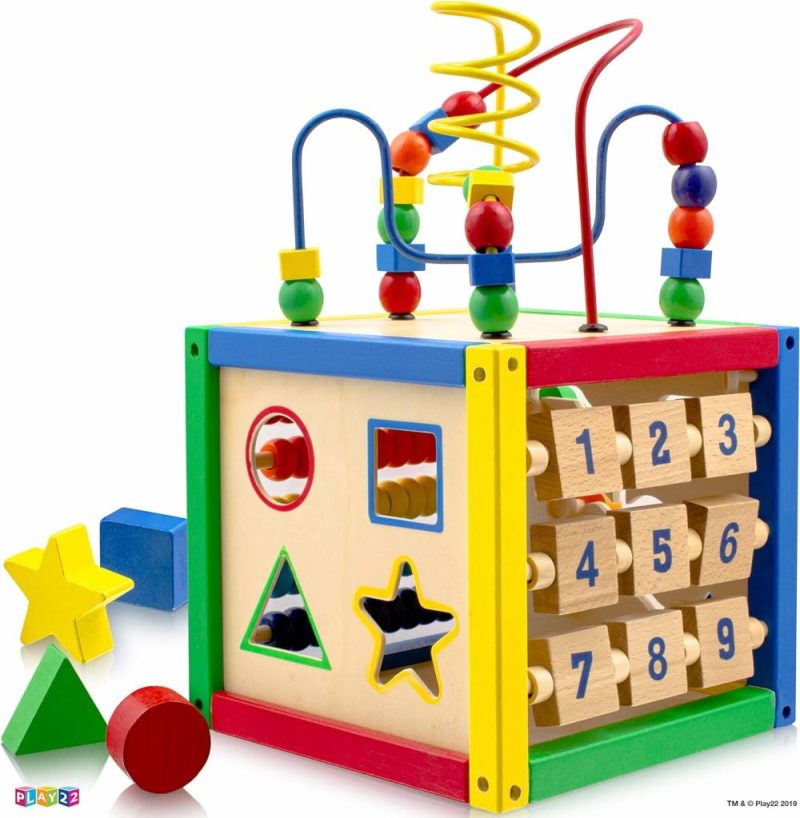 Pezzi Attivi | Cubo Attività Legno per Bambino – 6 In-1 Cubo Gioco Attività Bambino con Labirinto di Perle  Classificatore di Forme  Bead Abacus  Conteggio Numeri  Forme Scorrevoli  Labirinto di Perle Rimovibile  8Pcs Coppe da Stacking