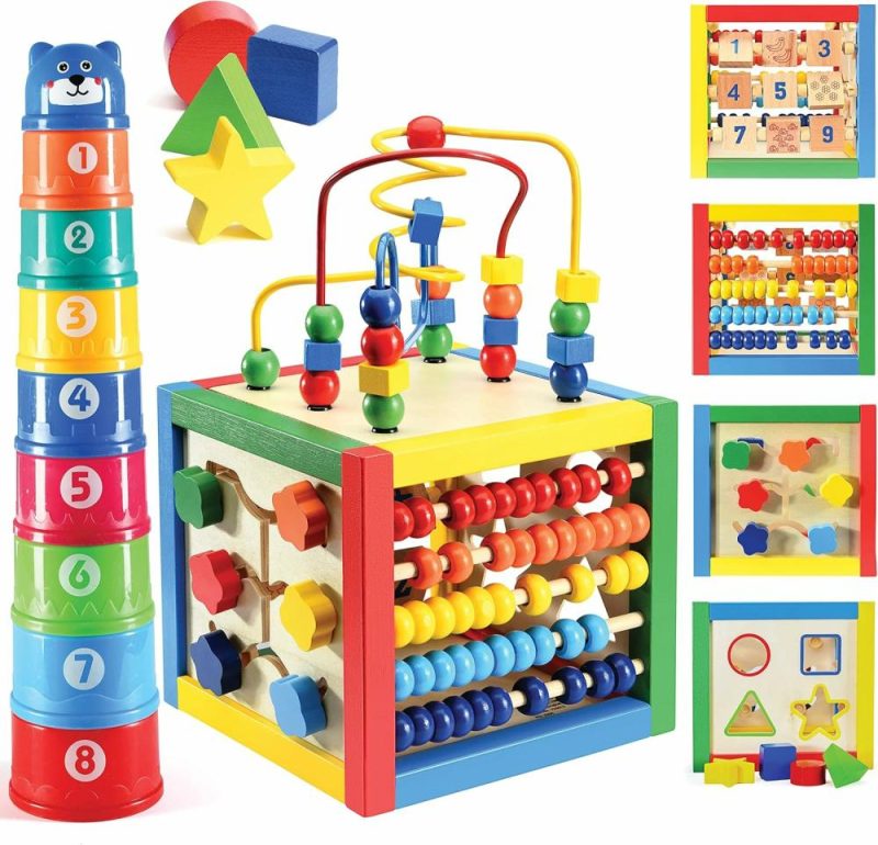 Pezzi Attivi | Cubo Attività Legno per Bambino – 6 In-1 Cubo Gioco Attività Bambino con Labirinto di Perle  Classificatore di Forme  Bead Abacus  Conteggio Numeri  Forme Scorrevoli  Labirinto di Perle Rimovibile  8Pcs Coppe da Stacking