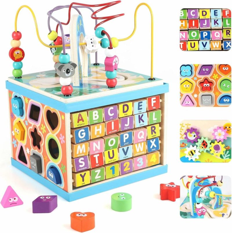 Pezzi Attivi | Puzzle di legno per bambini 1-3 anni 5 in 1 Multifunzionale Abc-123 Calcolo Gioco Educativo Montessori | Gioco di Bead Maze Ideale per Bambini maschi e femmine 1 2 3 anni