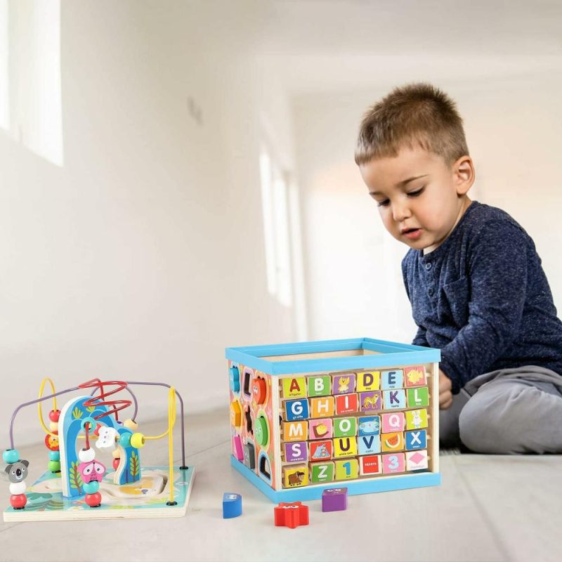 Pezzi Attivi | Puzzle di legno per bambini 1-3 anni 5 in 1 Multifunzionale Abc-123 Calcolo Gioco Educativo Montessori | Gioco di Bead Maze Ideale per Bambini maschi e femmine 1 2 3 anni