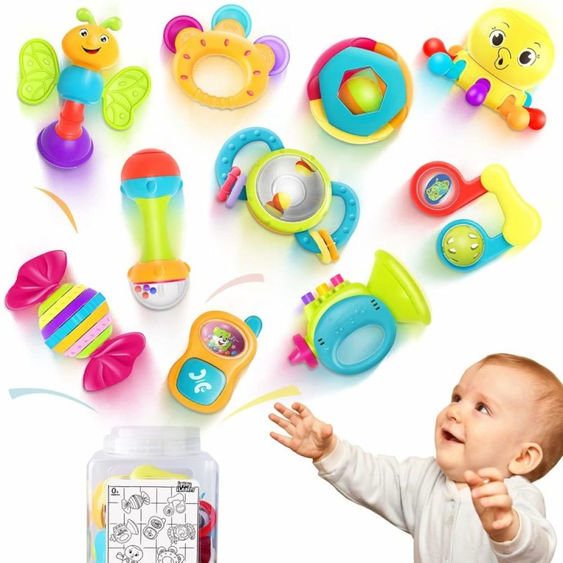 Rattle & Anelli Morbidi | 10Pcs Set di Sonagli per Bambini, Gioco di Prese e Scuotimento, Distanziatore Sensoriale, Gioco di Sviluppo e Apprendimento Musicale, Regalo di Primo Compleanno per Neonato, 0-1-2-3-4-5-6-7-8-9-10-12 Mesi, Bambino Bambina