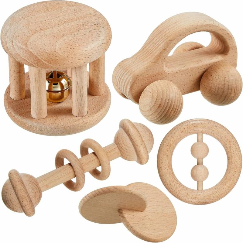 Rattle & Anelli Morbidi | 5 Pezzi Giocattoli in Legno per Bambini Giocattoli per Bambini 0-6-12 Mesi Giocattoli in Legno con Campanelle Rattle Montessori Auto da Push in Legno Giocattolo Neonato per Bambini e Bambine Regali