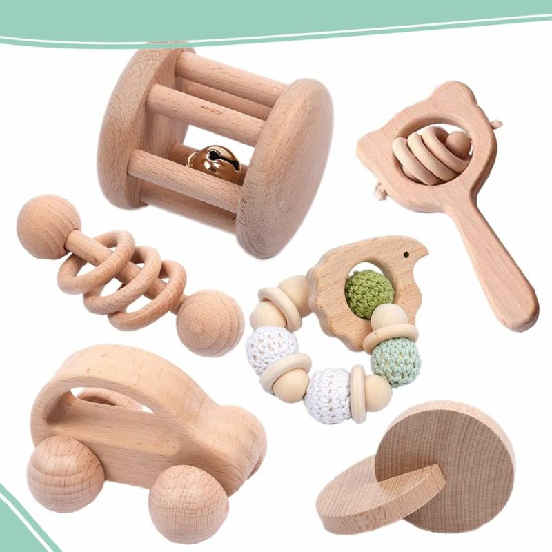 Rattle & Anelli Morbidi | 6 Pezzi Set Gioco – Giocattoli in Legno per Bambini 0-6 Mesi, Giocattoli in Legno per Bambini con Campanelle, Auto da Push in Legno con Campanelle, Giocattoli in Legno con Campanelle Regali per Bambini Maschi e Femmine, Giocattoli Montessori per Bambini 0-6 Mesi