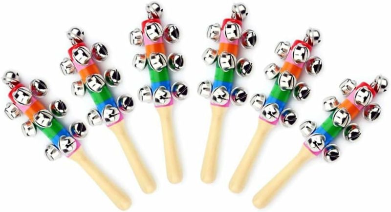 Rattle & Anelli Morbidi | 6Pcs Campanelle a Caso in Legno, Manici a Arcobaleno per Bambini e Bambine, Attrezzi Musicali per Bambini e Ragazzi