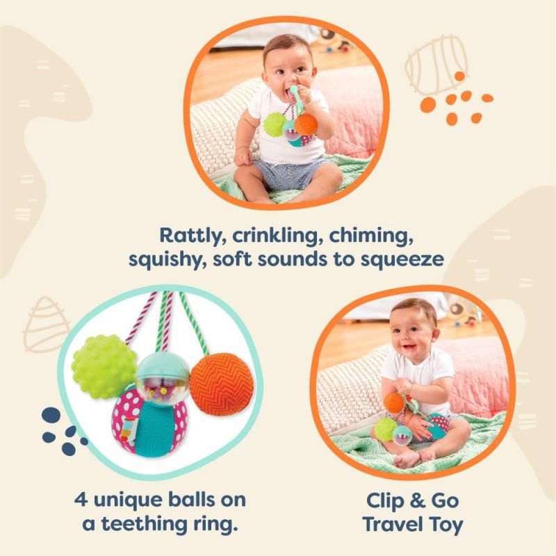 Rattle & Anelli Morbidi | B. Baby- Succhiarellina Sensory – Gioco per Bambini – 4 Palle & Clip – Colori, Texture e Suoni – Suoni così Squisi – Da 3 Mesi +