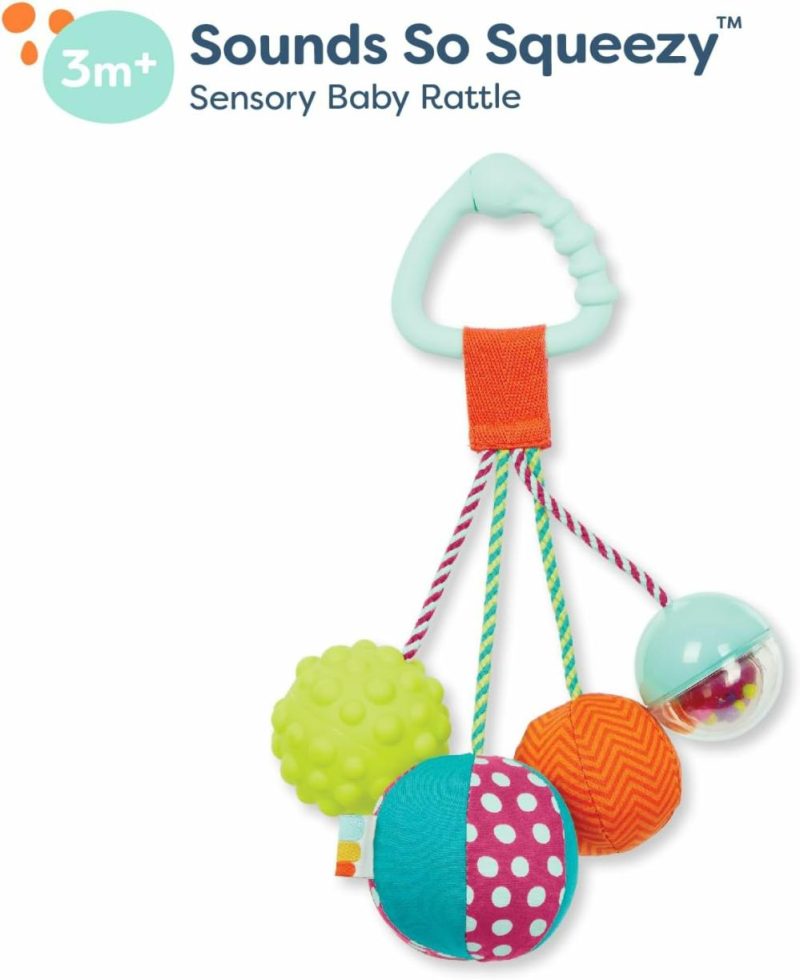 Rattle & Anelli Morbidi | B. Baby- Succhiarellina Sensory – Gioco per Bambini – 4 Palle & Clip – Colori, Texture e Suoni – Suoni così Squisi – Da 3 Mesi +