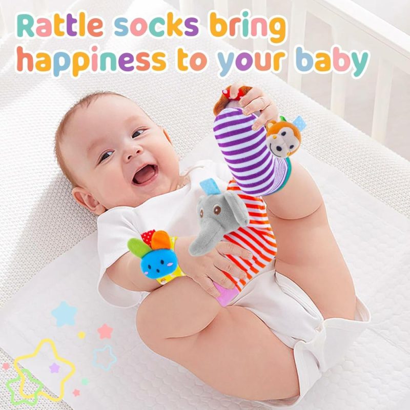 Rattle & Anelli Morbidi | Cuscino sonoro di cotone, calze e cinturino per il polso – Giocattoli per Bambini 0-3-6-9-12 Mesi – Regali per Bambini Maschi e Femmine – Giocattoli per Sviluppare i Sensi dei Bambini