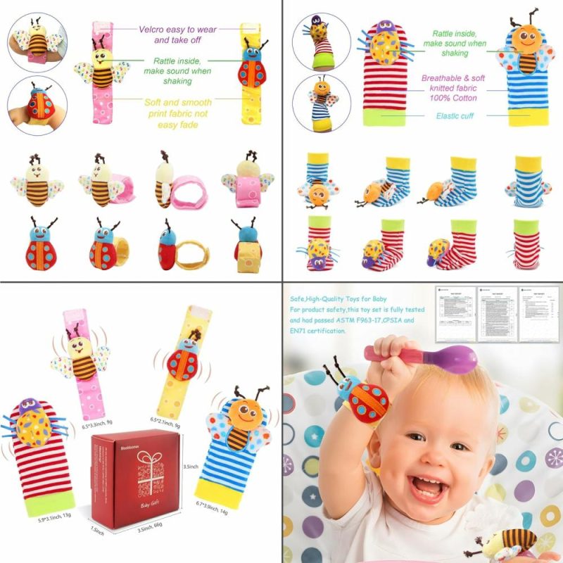 Rattle & Anelli Morbidi | Giocattoli Sonagli per Bambini 0-12 Mesi, Giocattoli per Bambina Bambino 3-6 Mesi, Giocattoli Mani e Piedi per Neonati 0-9 Mesi, Set di Regali per Battesimo con Sonagli a Manica Calze