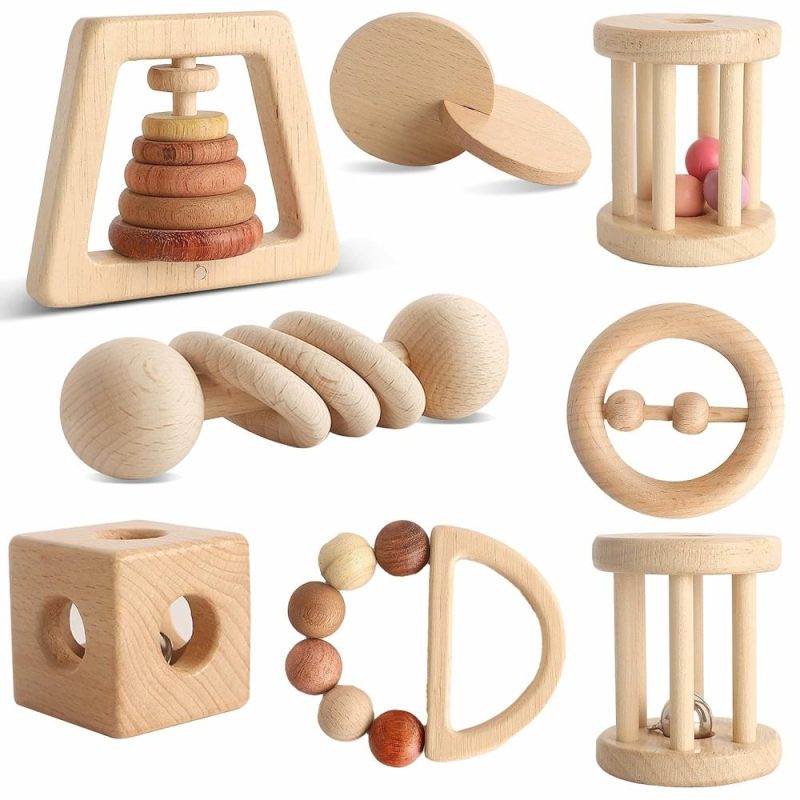 Rattle & Anelli Morbidi | Gioco in Legno per Bambini 8Pz – Giocattoli Montessori per Bambini 1-3 Anni – Set di Sonagli in Legno per Neonati per Prendere in Mano – Sviluppo Sensoriale – Regalo per Bambini Maschi e Femmine (Legno Naturale)