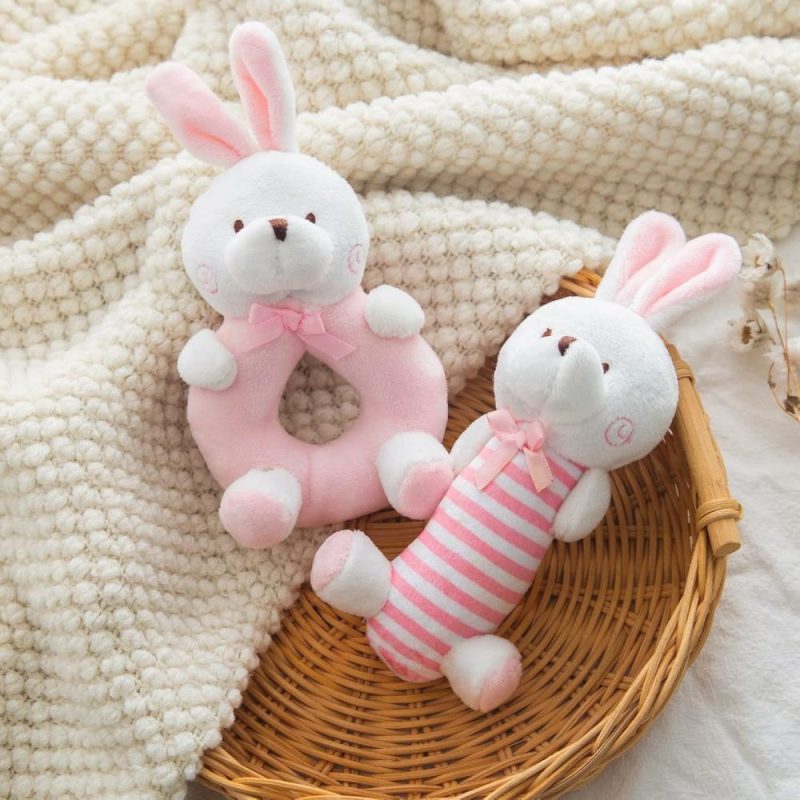 Rattle & Anelli Morbidi | Peluche morbidi per bambini, giocattoli sonori rosa con coniglio, primi animali di peluche sonori per neonati, set di rattle morbido per neonati, anello sonoro per bambini maschi e femmine, regali per la vaschetta da bagno, 2 pezzi.