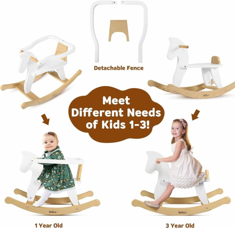 Rocking Horses & Animals | Scodella a Donkey per Bambino 1-3 Anni, Gioco di Equitazione in Legno con Recinto Rimovibile per Attività Indoor e Outdoor, Animale da Scodella per Bambini e Bambine da Compleanno in Bianco