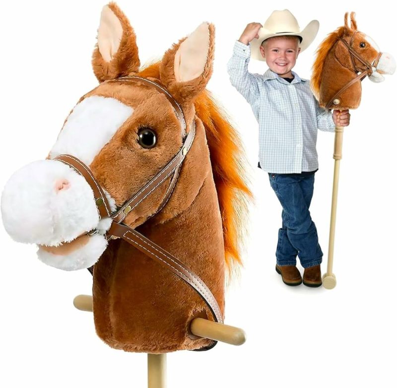 Stecche di Cavallo | Cavallo di Legno Morbido Hobby Horse A Stacca con Ruote in Legno Suono di Ippopotamo Reale Eterluogo e Galoppo Per Bambini e Bambine Marrone Scuro 36 Pollici (Batterie AA Richieste)