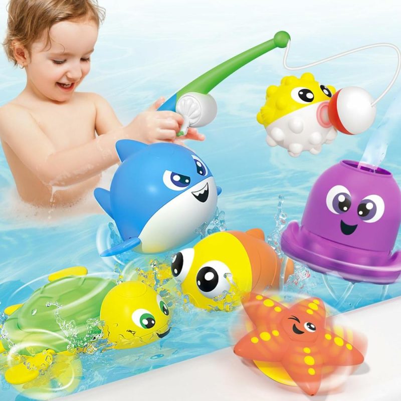 Giocattoli da bagno | Set di Giocattoli da Bagno per Bambini – Giocattolo da Pesca Magnetica con Bastone da Pesca, Puffer e Pesci Clown, Polpo a Rotazione e Stellare, Squalo e Tartaruga a Rullo – Sviluppo Sensoriale per Neonati e Bambini Piccoli