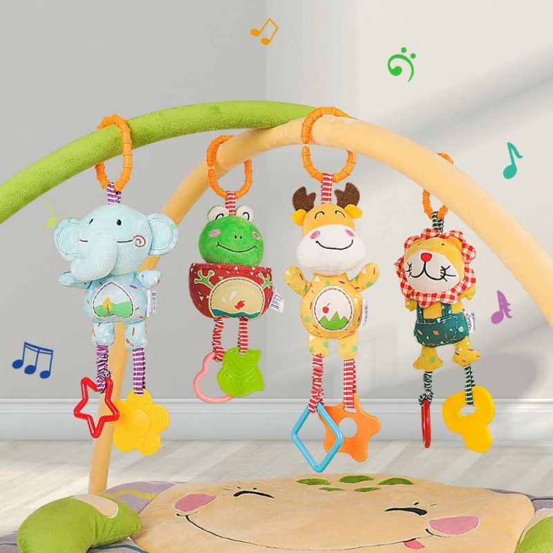 Rattle & Anelli Morbidi | Giocattoli per Bambini 0-3-6-9-12 Mesi, Campanelle per Bambini, Sonagli, Plush Morbidi per Sviluppo Precoce, Giocattoli per Passeggino e Auto per Neonati, Regali di Compleanno, 4 Pack