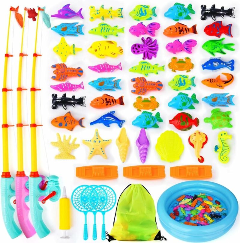 Giocattoli da bagno | Gioco di Pesca Magnetica 45 Pezzi Pesce Flottante Colorato Animali del Mare con Rete Borsa Portatile per Riposo Bagno per Bambini di 3 4 5 6 Anni (Set XX-Large)